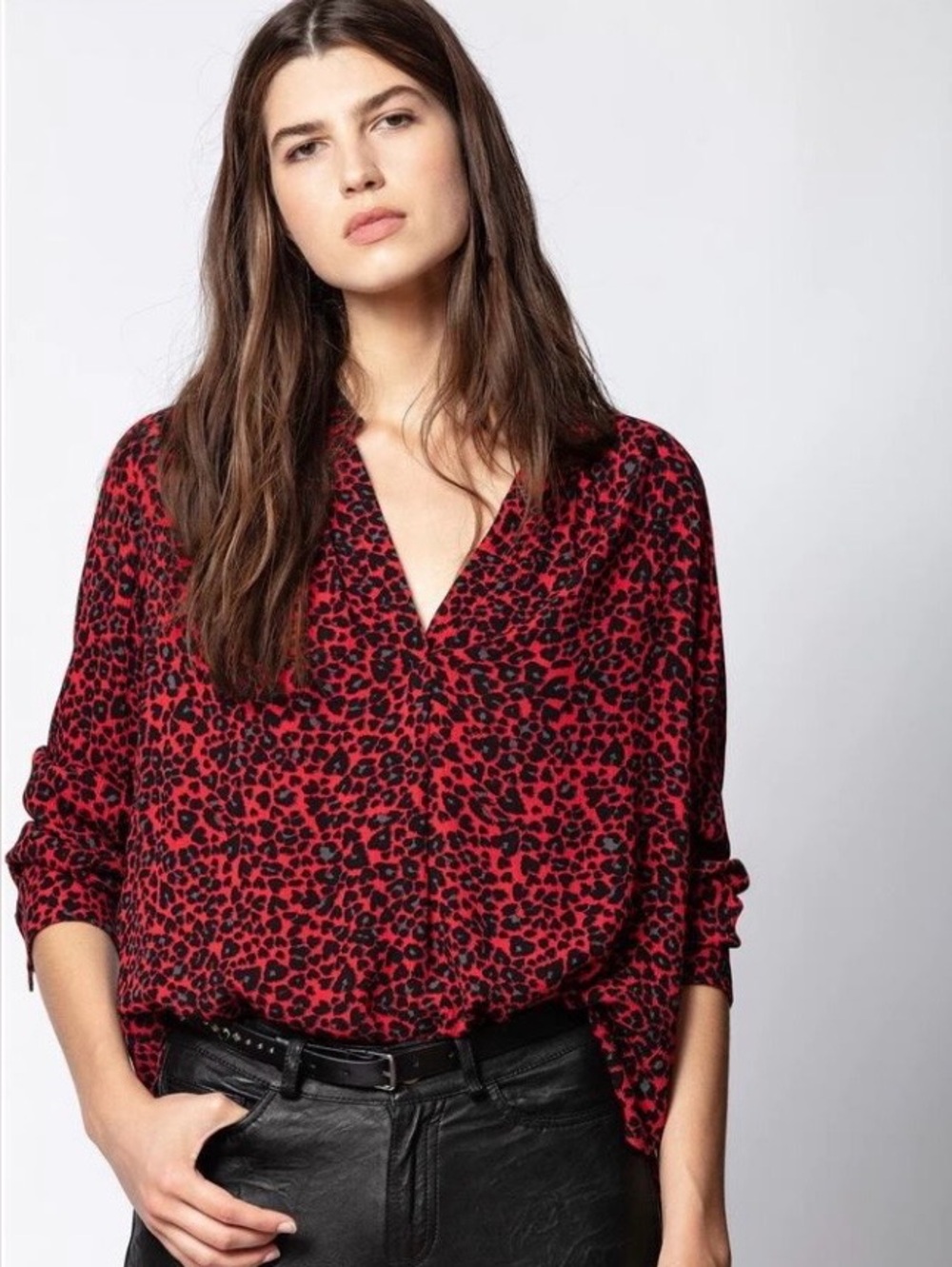 Zadig & Voltaire - Tink Leo Red Leopard Print V-Neck Women's Blouse